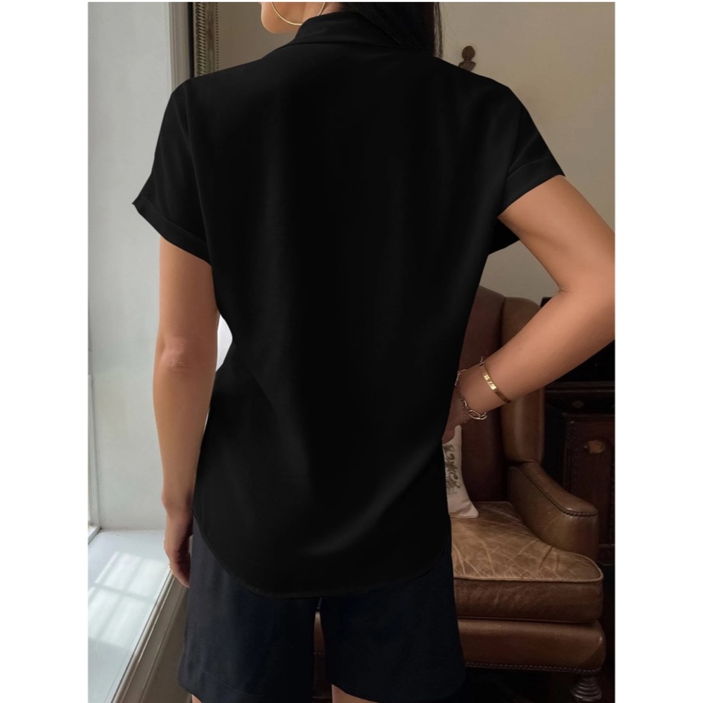 Black Casual Button Up / Down Shirt Collar, V-Neck Button Front Short Sleeve - Picture 2 of 13
